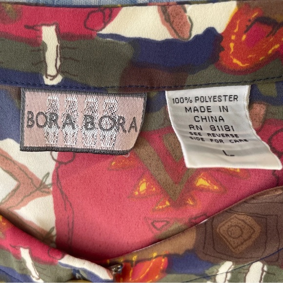 Vintage Blouse Large Button Down Short Sleeved Hippy Print 80s Top Green Red Sun - Picture 5 of 5